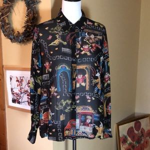 CHICOS size 2  Medium SILK Fun Asian Print Eastern Vibe Graphic Print $109 NEW